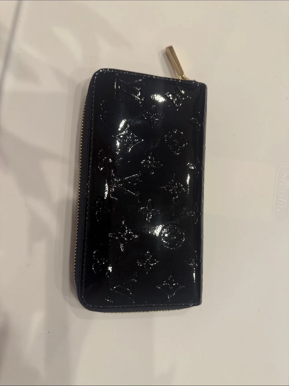 Louis Vuitton Black Patent Monogram Zip Wallet with Gold Hardware